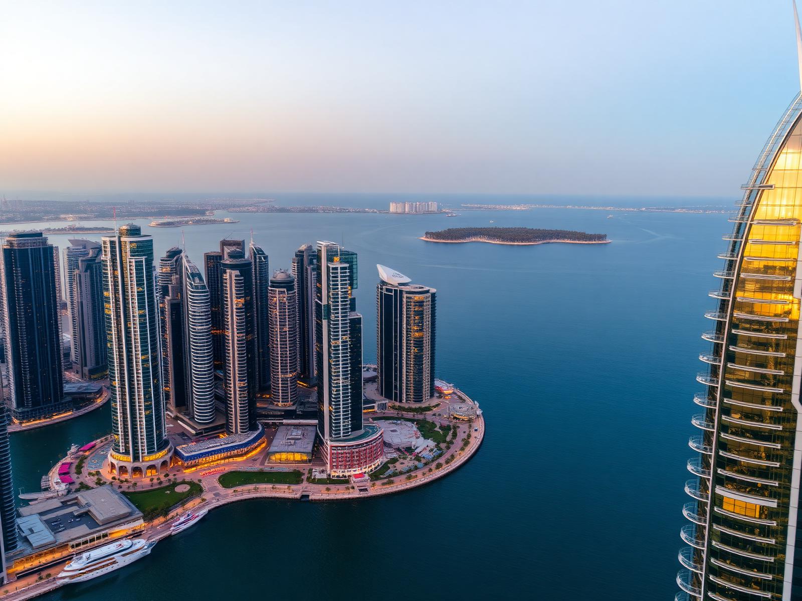 Aerial view of Dubai Marina at sunset